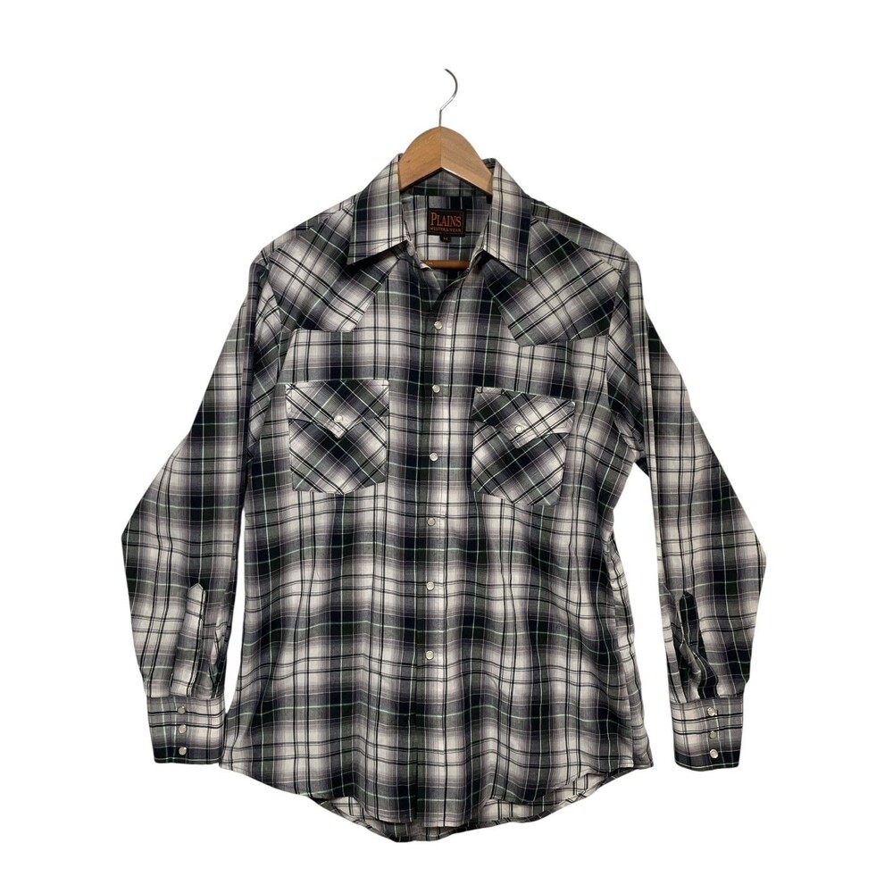 PLAINS WESTERN WEAR Shirt Men's Medium Gray White Striped Pearl Snap Long Sleeve
